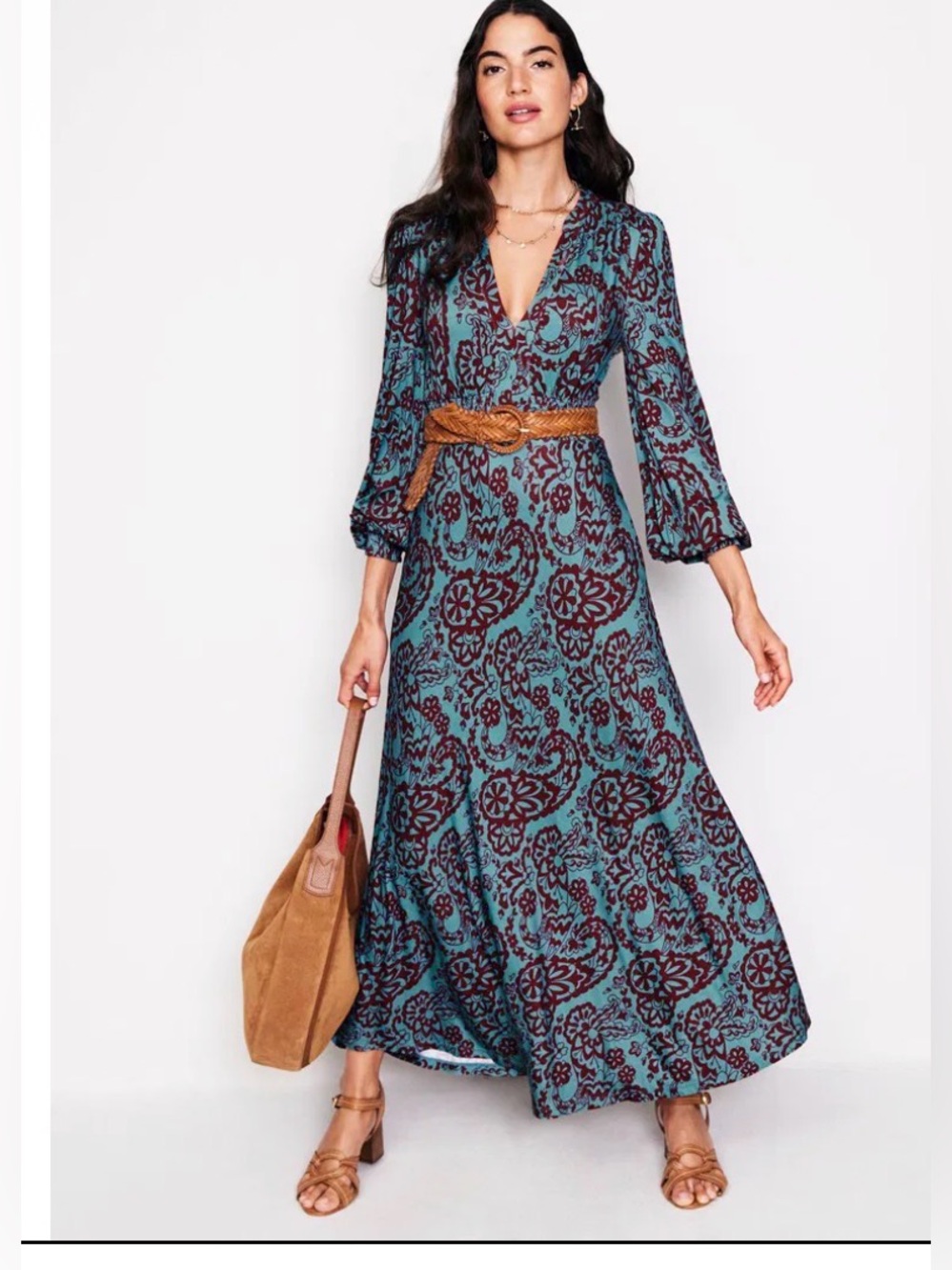 Boden Ivy Smocked Midi Dress Petite Teal and Brown Floral Long Sleeve